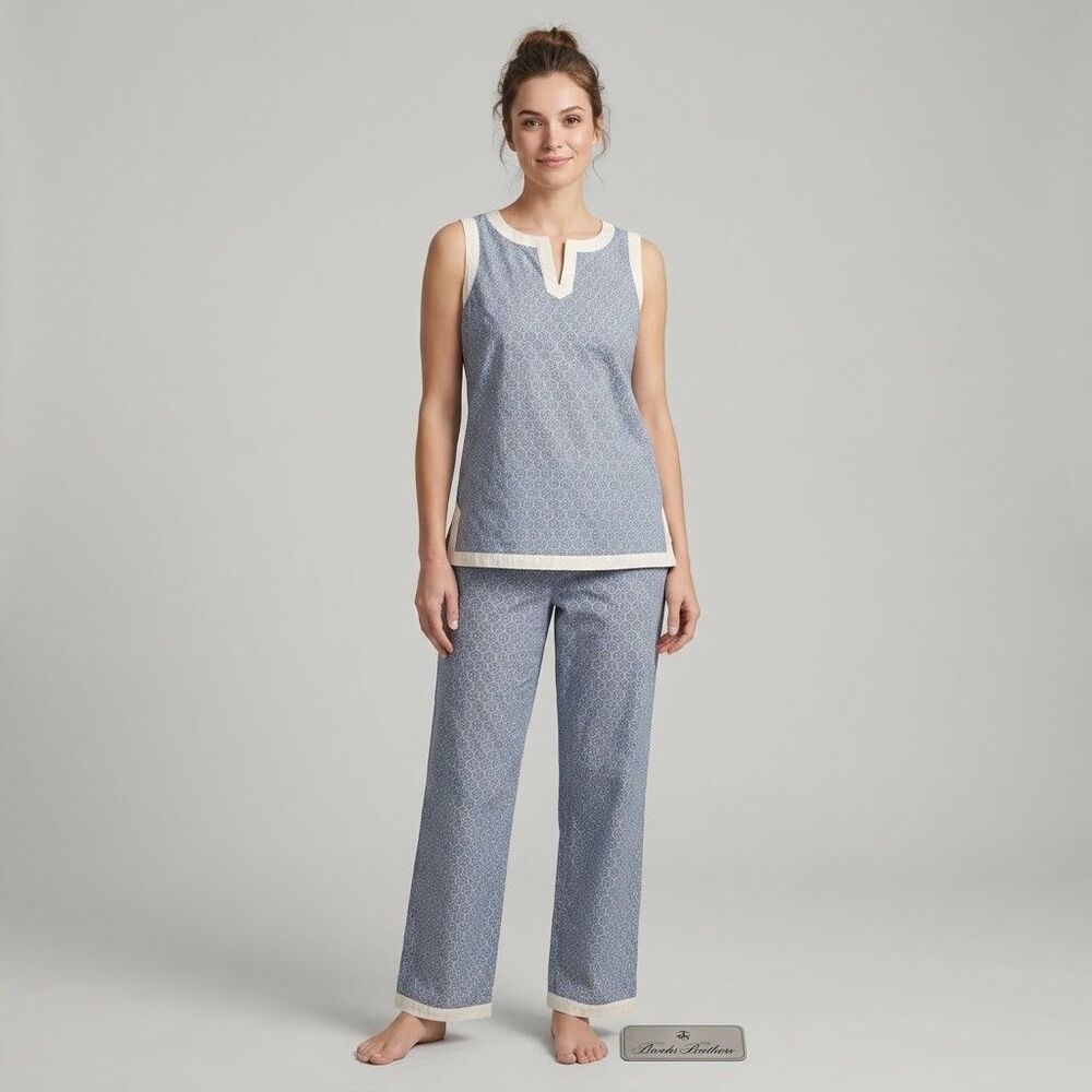 Brooks Brothers Pajamas Set Womens M Blue White Sleeveless Top Pants Cotton NEW